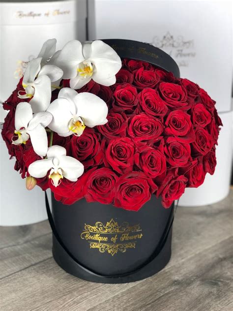 50 Red Rose With Orchid Round Box Flower Delivery Santa Fe Springs