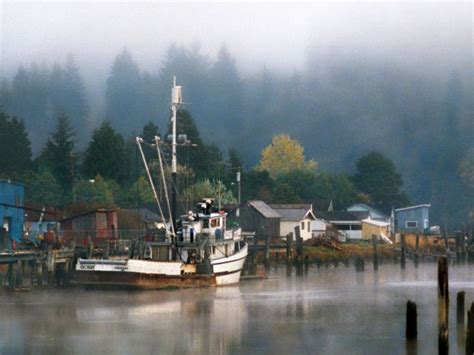 A Boat Is Docked In The Water Near Some Houses And Trees On A Foggy Day