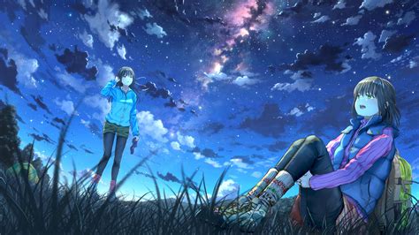 Anime Girls Night Sky Scenery Clouds Stars 4k 64