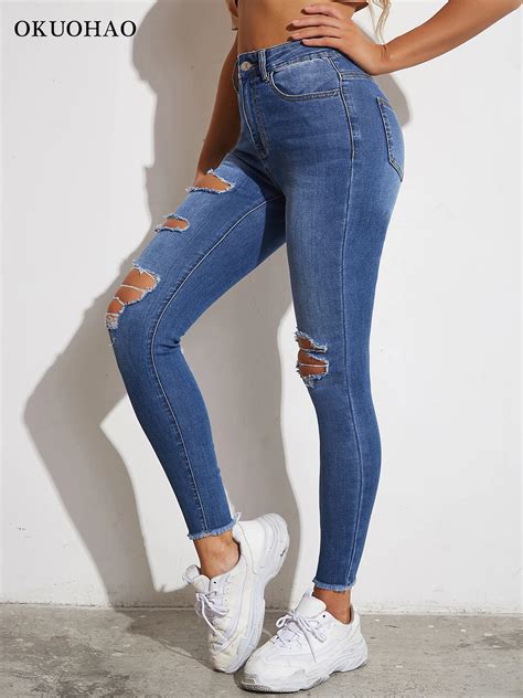 womens ripped high waist rise frayed hem denim stretchy skinny jeans leggings sexy hip lift