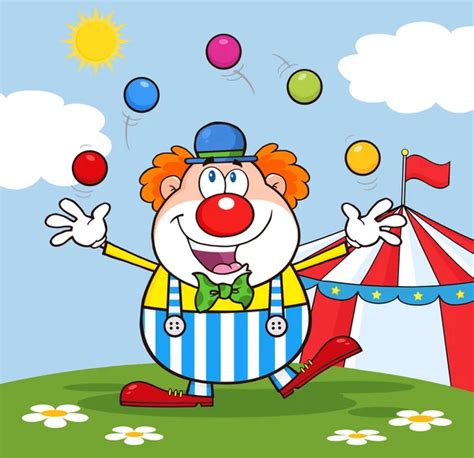 Funny Clown Cartoon Character Juggling With Balls In Front Of Circus