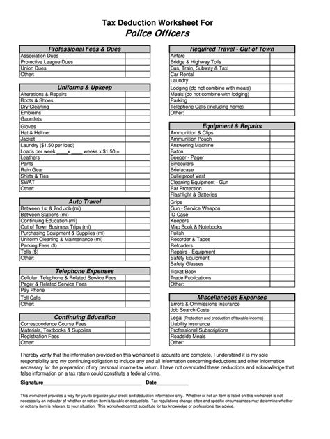 fillable  police officer tax deduction worksheet db excelcom