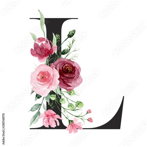 Floral Alphabet Letter L With Watercolor Flowers And Leaf Monogram