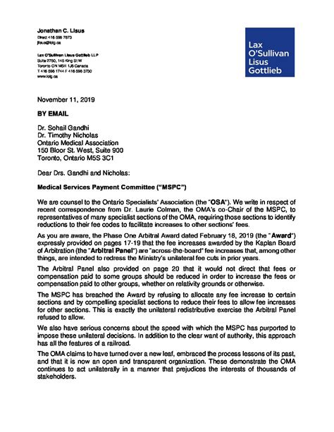 2019 11 11 Lawyer Letter To Oma President Re Mspc Eye Physicians And