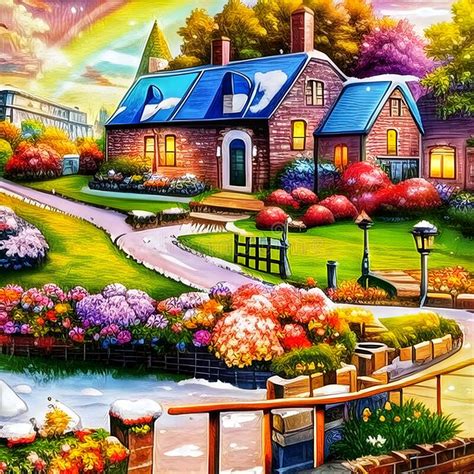 Beautiful House And Garden View Landscape Colorful Garden Flowers And