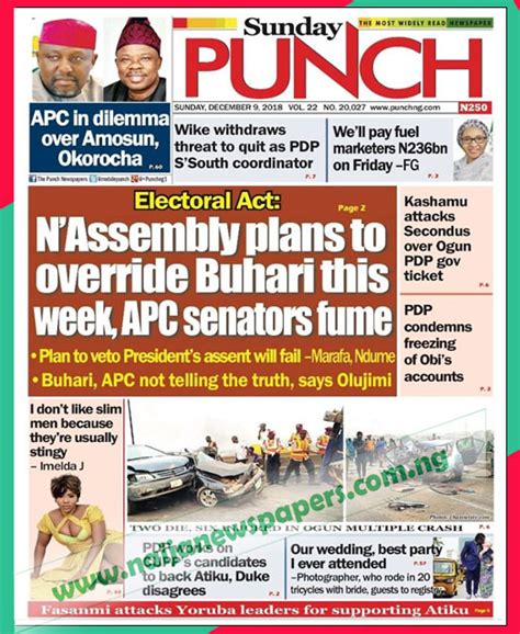 Nigerian Newspapers Front Page Headlines Sunday 9th December 2018