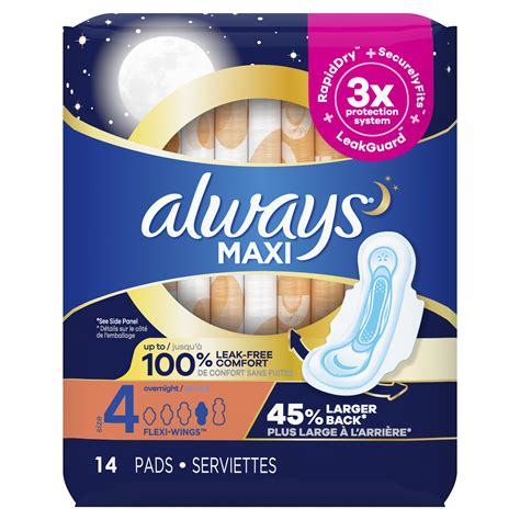 Always Maxi Pads Size 4 Overnight Absorbency Unscented With Wings 14