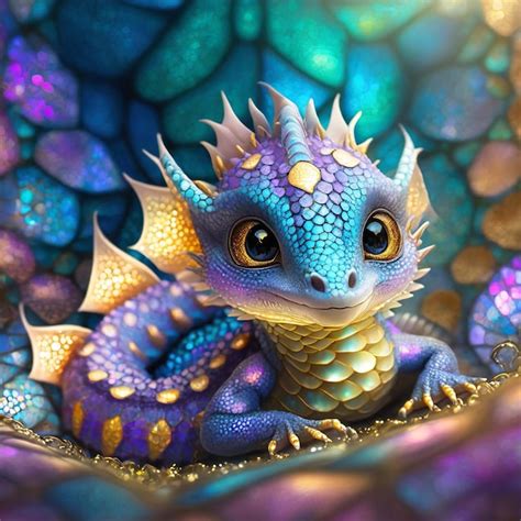 Premium Ai Image Cute Baby Dragon With Big Eyes Curled Up Laying Down