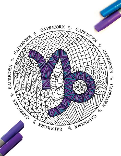 Capricorn Zodiac Symbol Pdf Zentangle Coloring Page Scribble