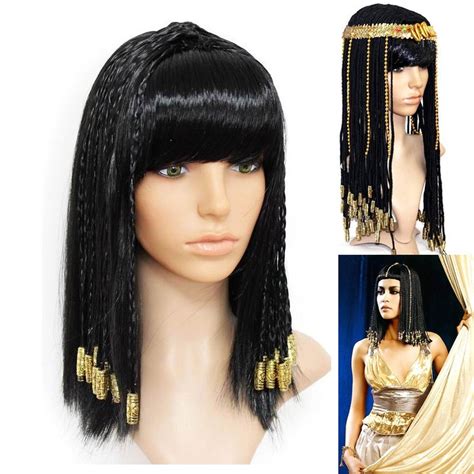 women egyptian cleopatra wigs black human hair wig with braids fringe toupee costume accessories