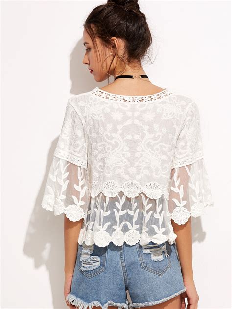 white lace embroidered semi sheer blouse shein usa