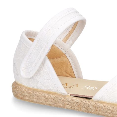 White Canvas Espadrille Shoes With Laces Design And Hook And Loop Strap
