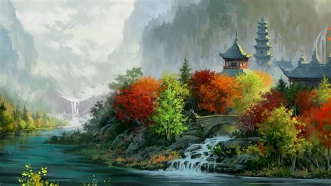 Wallpaper Trees Landscape Painting Forest Fall