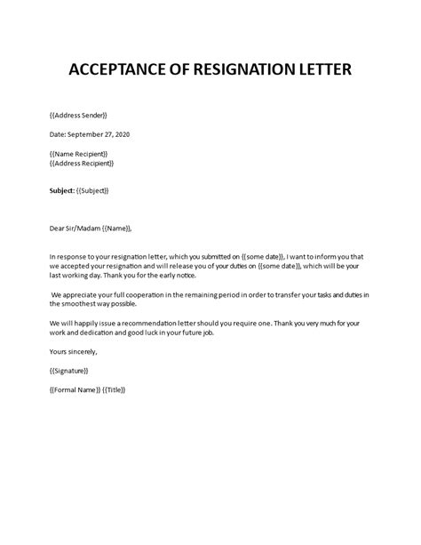 Sample Letter Of Resignation Acceptance