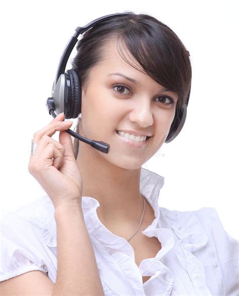 Closeup Portrait Of A Smiling Woman Operator Of A Call Center Stock Photo Image Of Attractive