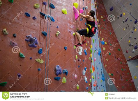 Woman Practicing Rock Climbing In Fitness Studio Stock Image Image Of
