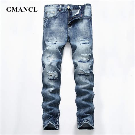 Gmancl Blue Slim Fit Holes Jeans Men Fashion Brand Cotton Straight Homme Hip Hop Street Casual