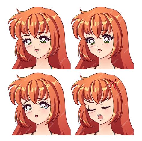 premium vector set of four different anime emotions angry sad and happy girl with red hair