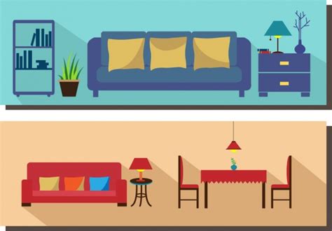 Living Room Furniture Scheme Sets Colored Flat Design Vectors Graphic