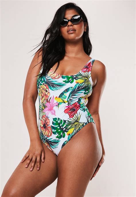 Plus Size White Tropical Print Scoop Back Swimsuit Missguided