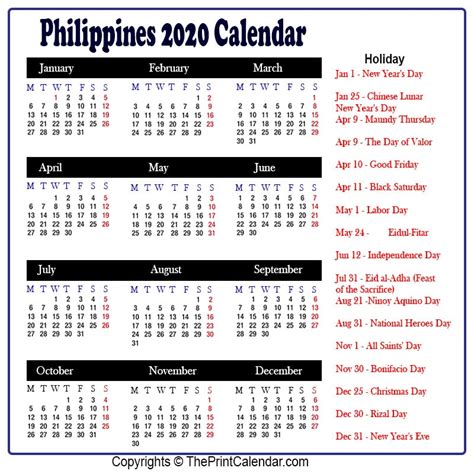 Calendar 2020 Philippines Philippines 2020 Yearly Printable Calendar