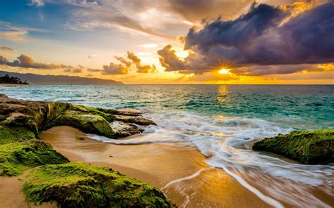 Hawaii Sunset Ocean Beach Waves Clouds 4k Ultra Hd Wallpaper 3840x2160
