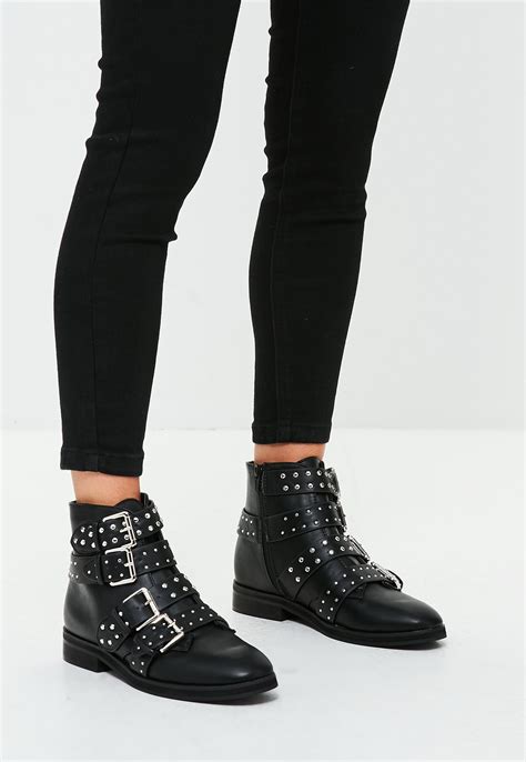 Missguided Black Studded Four Buckle Strap Ankle Boots Lyst