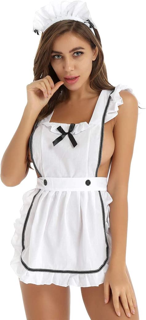 Amazon Com Mufeng Women S French Maid Costume Ruffles Apron Lingerie