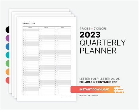 3 Month Calendar Quarterly Planner Printable Planner Printables
