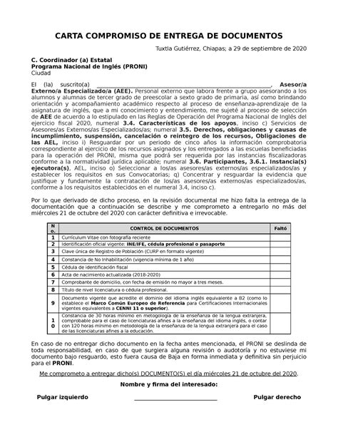 Carta Compromiso DE Entrega DE Documentos Proni CARTA COMPROMISO DE ENTREGA DE DOCUMENTOS