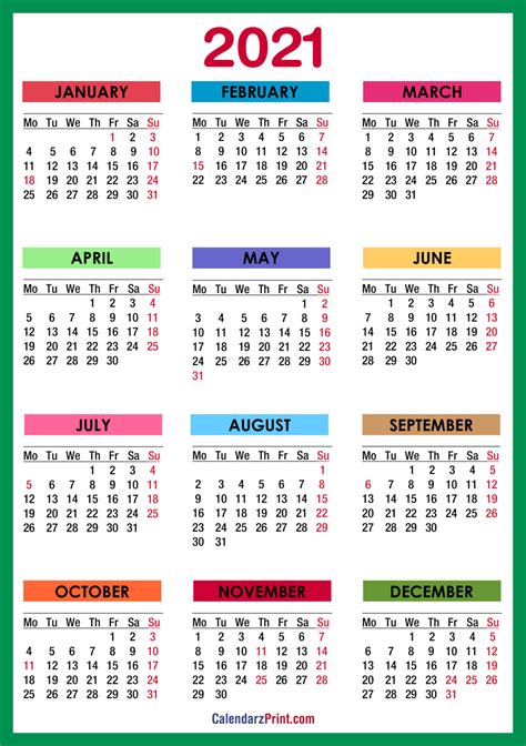 2021 Calendar With Holidays Printable Free Colorful Blue Green