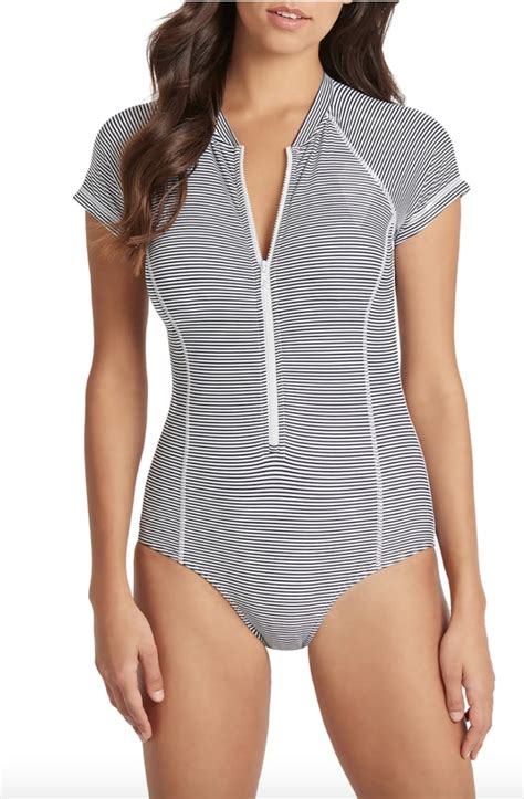 Sea Level Short Sleeve Front Zip One Piece Swimsuit Bathing Suits