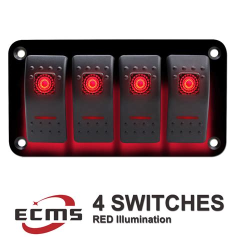 4 Switch Panel Red Illumination Switches Marine Grade Splash Proof Uv