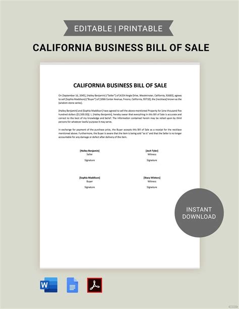 California Bill Of Sale Template