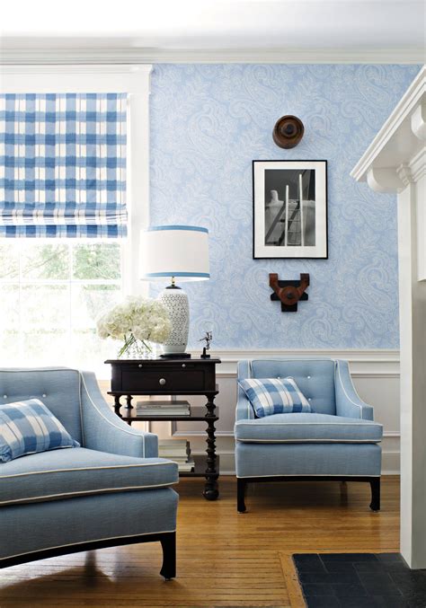 Fresh Blue Sitting Room With Blue And White Paisley Wallpaper Blue