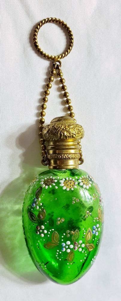 Antique 1880s Green Glass Raised Enamel Chatelaine Perfume Scent Bottle Bohemian Possiblymoser
