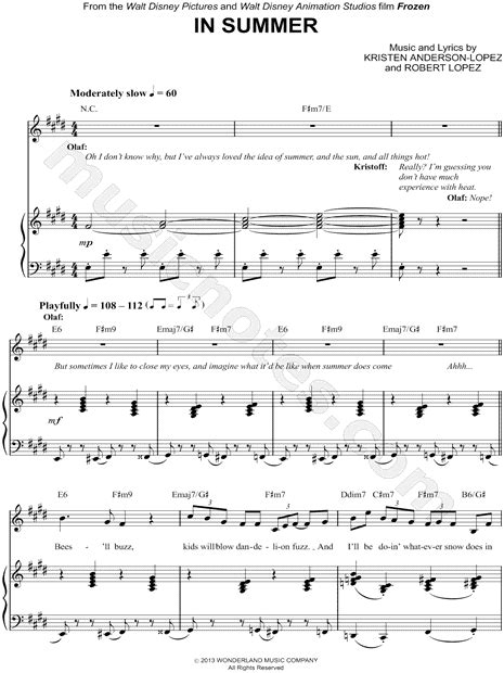 In Summer From Frozen Sheet Music In E Major Transposable