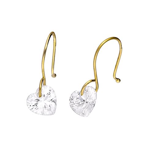 Real 375 9ct Gold And Clear Cz Crystal Heart Dangle Drop Earrings Love