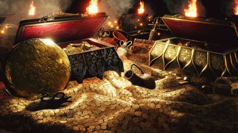 Pirate Treasures In A Dark Cave Old Coins Diamonds And Gold
