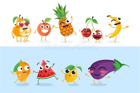 Funny Fruit And Vegetables Set Of Vector Cartoon Characters