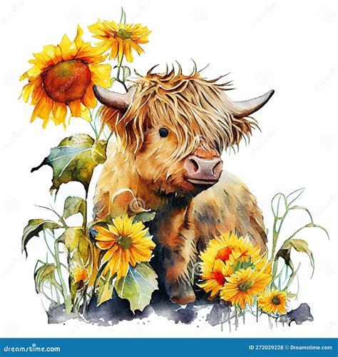 Watercolor Highland Cow Surrounded By Sunflowers And Spring Flower
