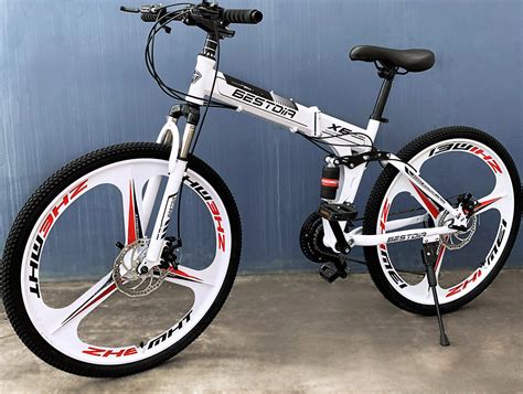 Dual Suspension Foldable 21 Speed Mountain Bike White And Black Bicycle