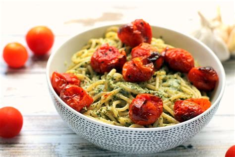 Roasted Garlic Pesto Spaghetti With Blistered Cherry Tomatoes Happy Veggie Kitchen
