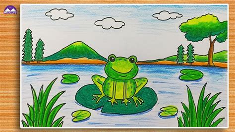 How To Draw Frog On Lily Pad Scenery Youtube