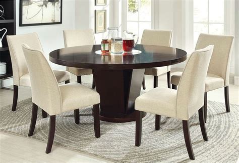 7 Pc Espresso Wood Dining Set Round Table Lazy Susan Chair Fabric Seat