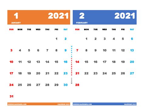 January February 2021 Calendar Free Printable 6 Templates