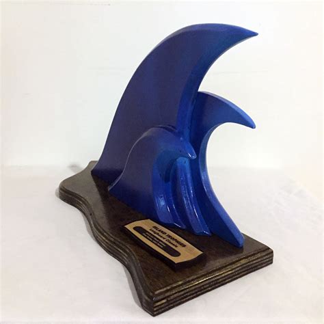 Simple Blue Wave Trophy With Custom Plaque Architecture Design