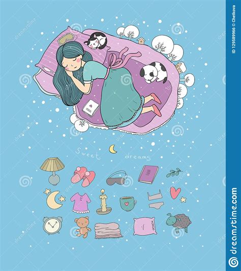 Girl And Cats Sleep In Bed Good Night Sweet Dreams Vector Illustration Bed Time Stock Vector