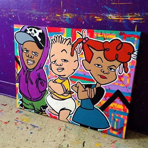 A Painting Of Three Cartoon Characters Painted On Canvases In Front Of