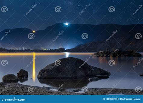 Night Sky Stars Over Mountain Lake Summer Starry Night Stock Image
